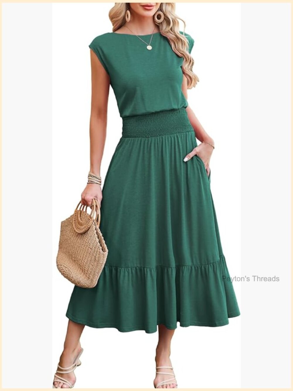 Cap Sleeve Elastic Waist Midi Dress with Pockets Casual Sundress Summer